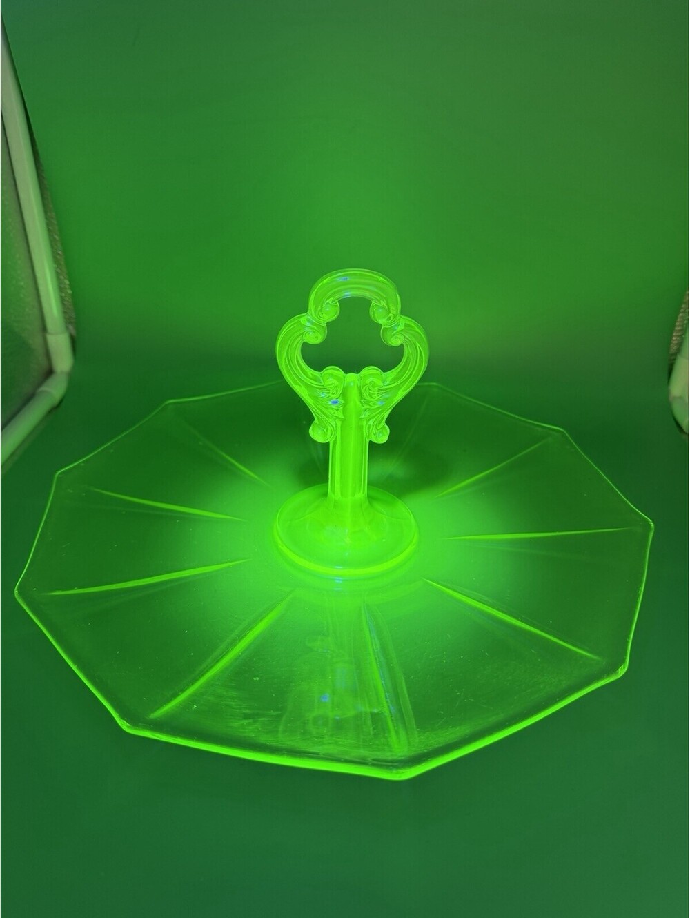 Vintage Uranium Glass Cake Fruit Plate Green Cut With Handle 11”